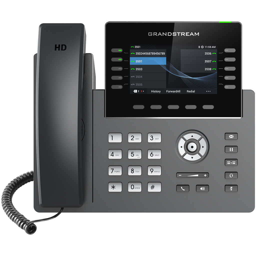 Grandstream phone supports up to 10 line keys and 5 SIP accounts 4.3-inch (480x272) TFT color display Built-in 40 numeric keys with expandability to GBX20 module Dual-band Wi-Fi and Bluetooth 5.0 2 Gigabit Ethernet ports with PoE support High Definition (HD) audio with speakerphone and handset