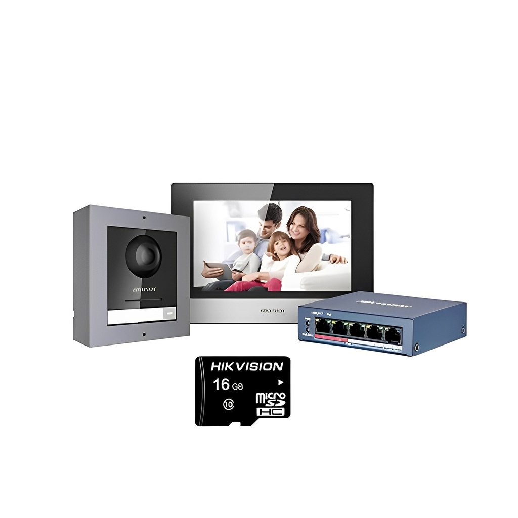 طقم إنتركوم مرئي (شاشة 7″ + لوحة خارجية + سويتش PoE + ذاكرة 16 GB)