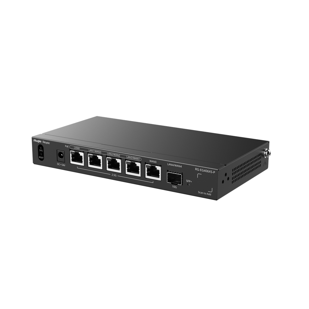 Cloud-managed 5-port router with 4 PoE/PoE+ 2.5G ports and 1 10G port.