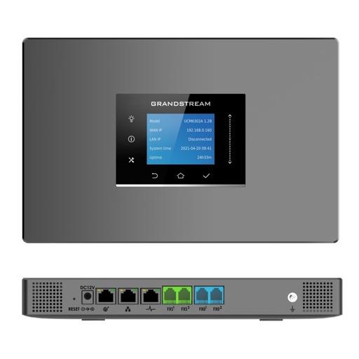 [UCM6302A] Grandstream PBX supports up to 500 internal users and 75 simultaneous calls, equipped with 2 FXO ports for analog external lines and 2 FXS ports for analog phones, 320x240 color touch screen, supports PoE+, USB, and SD Card, easy management via web and app, ideal for voice and video communications, intercom, and call recording.